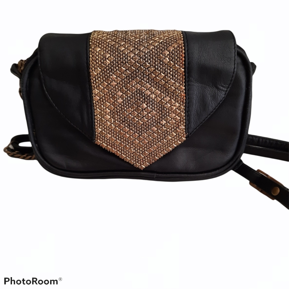 Lilla Lane Shiva Petite Leather Small Black Embellished Crossbody Bag Purse